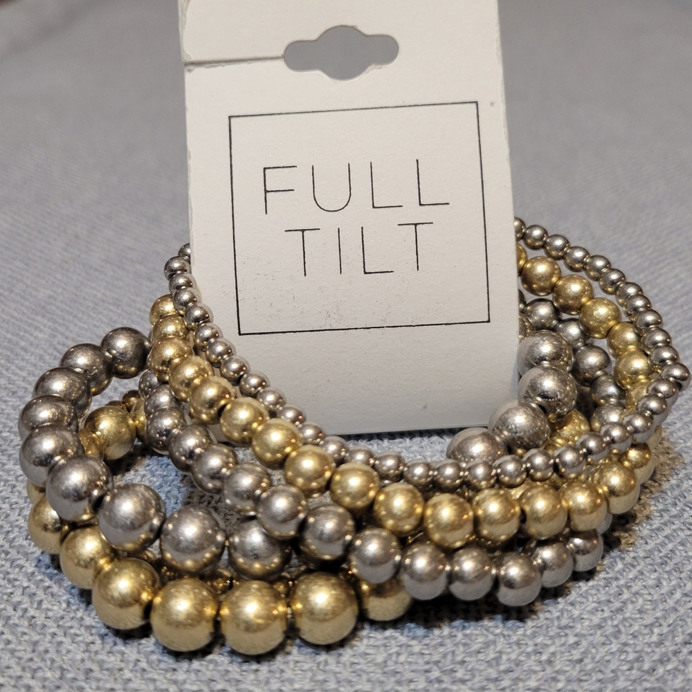 Full Tilt Two-Tone Gold and Silver Beaded Stretch Bracelet Set